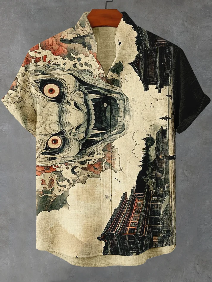 Men's Mythical Beast House Building Retro Art Print Casual Shirt