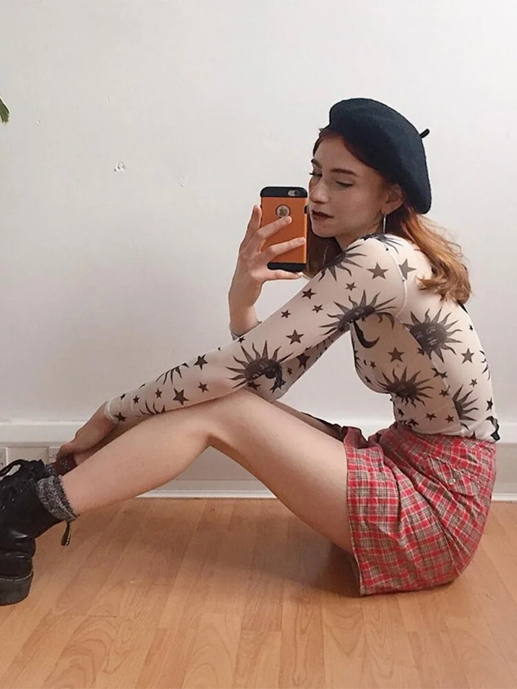 Sun Moon Printed Transparent Mesh  T-Shirt Women O-Neck Long Sleeve Slim Basic Casual Female Tops 2023 Spring New
