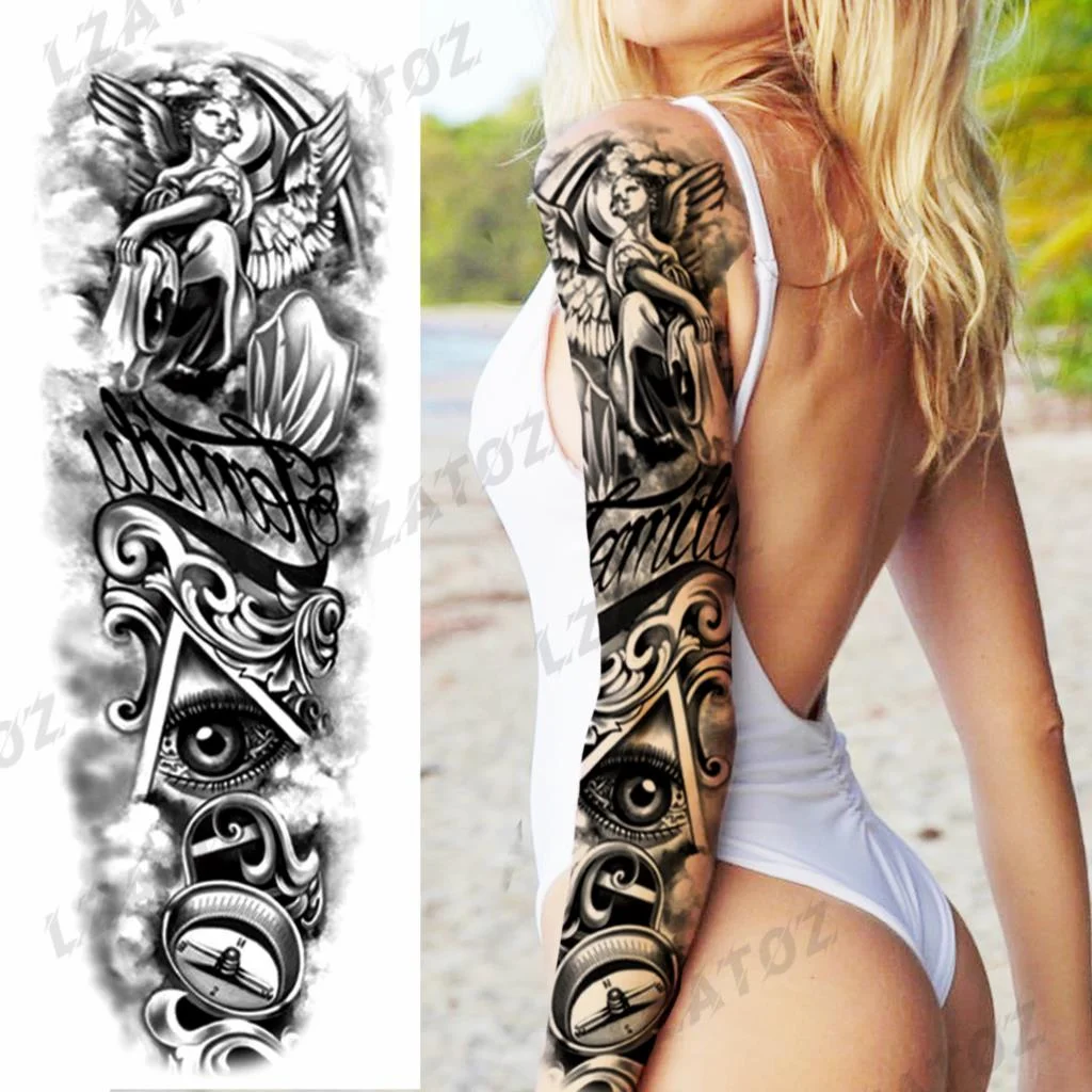 Sdrawing Sleeve Temporary Tattoos For Men Women Realistic Pirate Ship Wolf Tiger Skull Rose Flower Fake Tattoo Sticker Arm Tatoos