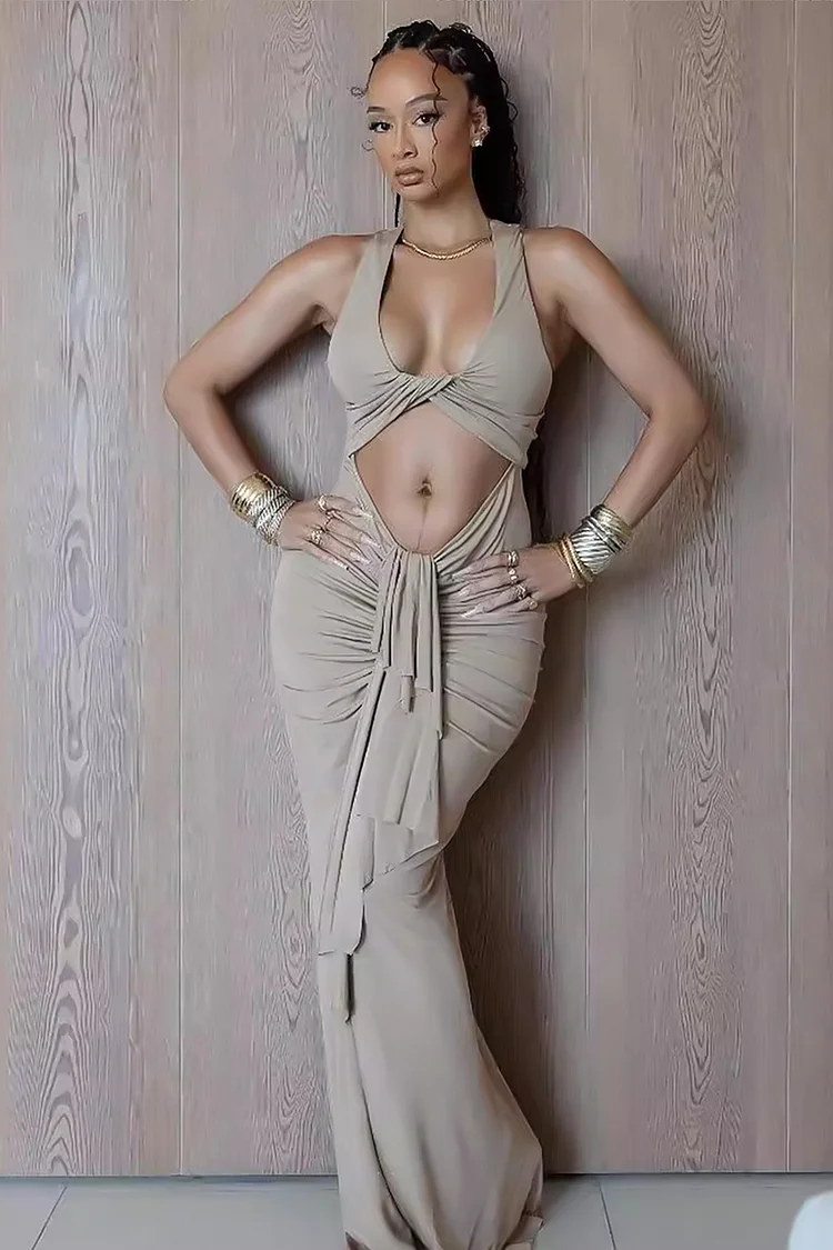 Plunge Neck Twisted Bare Midriff Ruched Bodycon Sleeveless Maxi Dresses-Grey