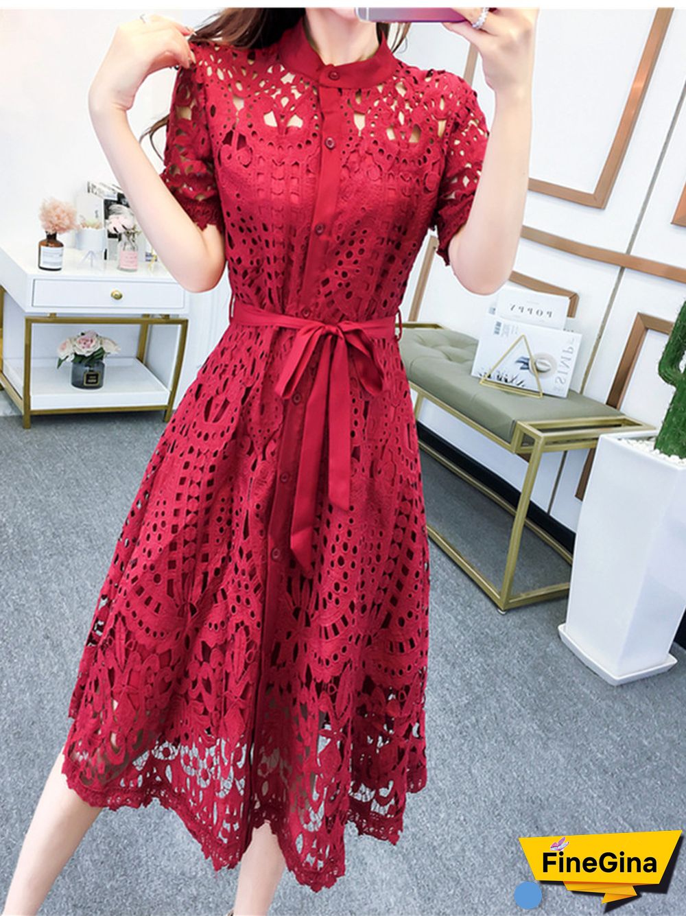SMTHMA New Spring / Summer Runway Women's Clothings Pleated Stand Collar Short Sleeve Single Breasted Polka Dot Lace Dress