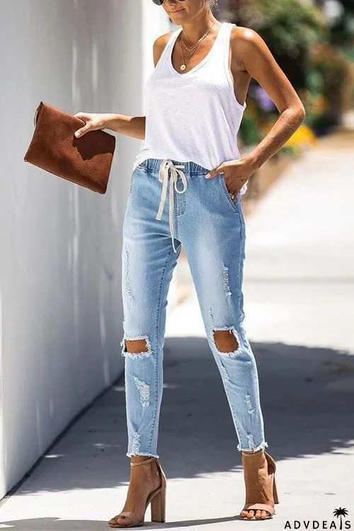 Distressed Drawstring Denim Pants