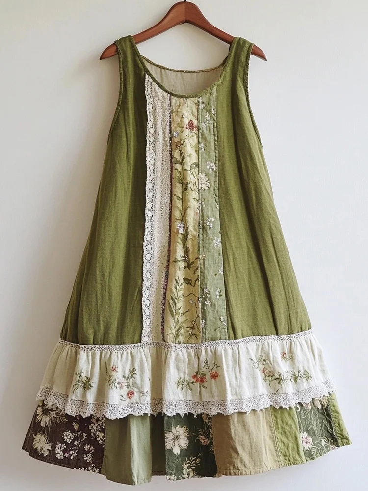 Utbros Floral Pattern Lace Patchwork Linen Blend Dress
