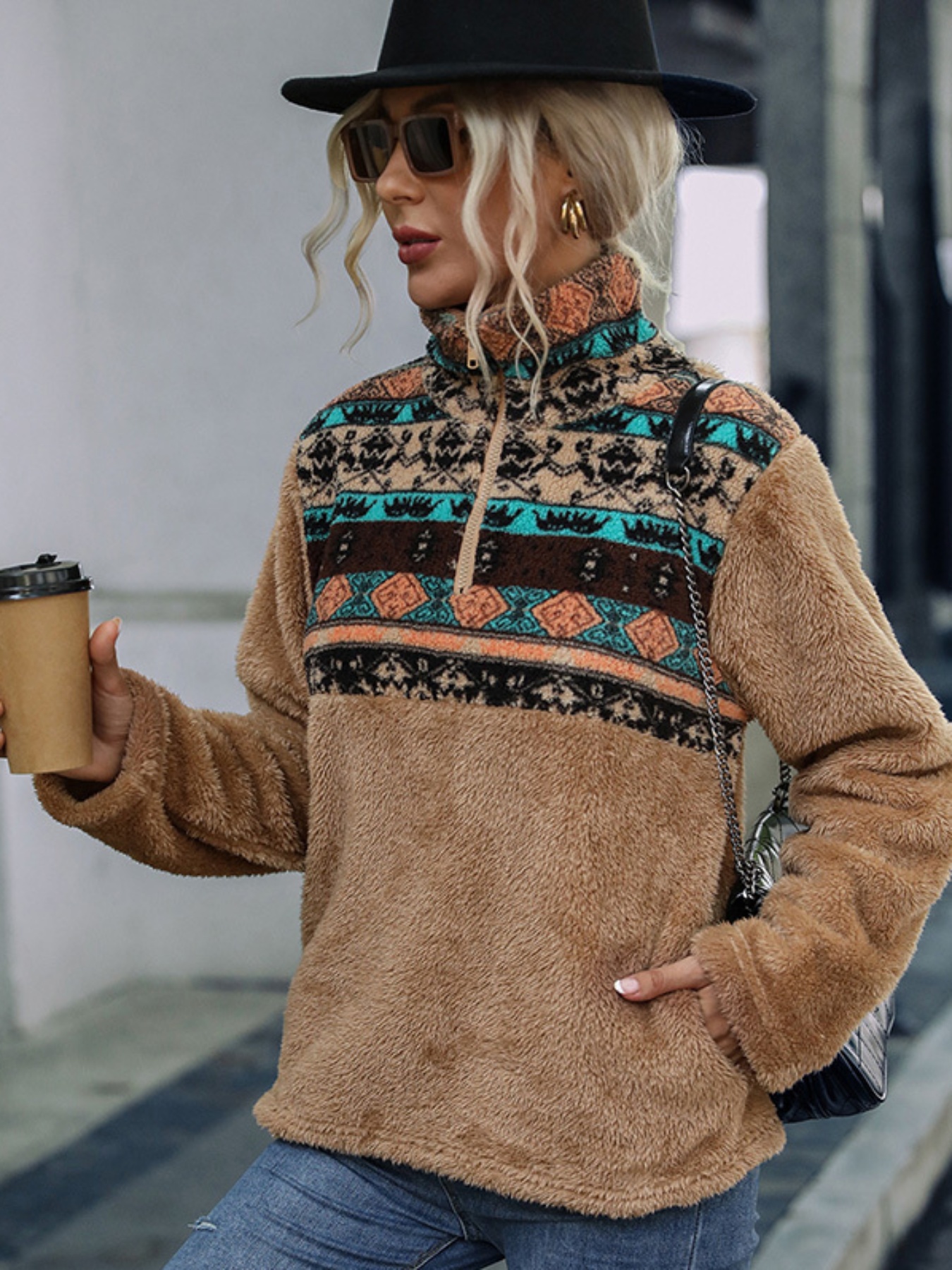 Women‘s Fuzzy Sherpa Western Coat - Half-Zip Jacket with Brown/Black/Teal Accents, Soft Fleece-Lined Winter Outerwear for Everyday & Formal Events, All-Season Layering Essential Cold Weather Clothing, Ladies Winter Coats, Geometric Pattern Design