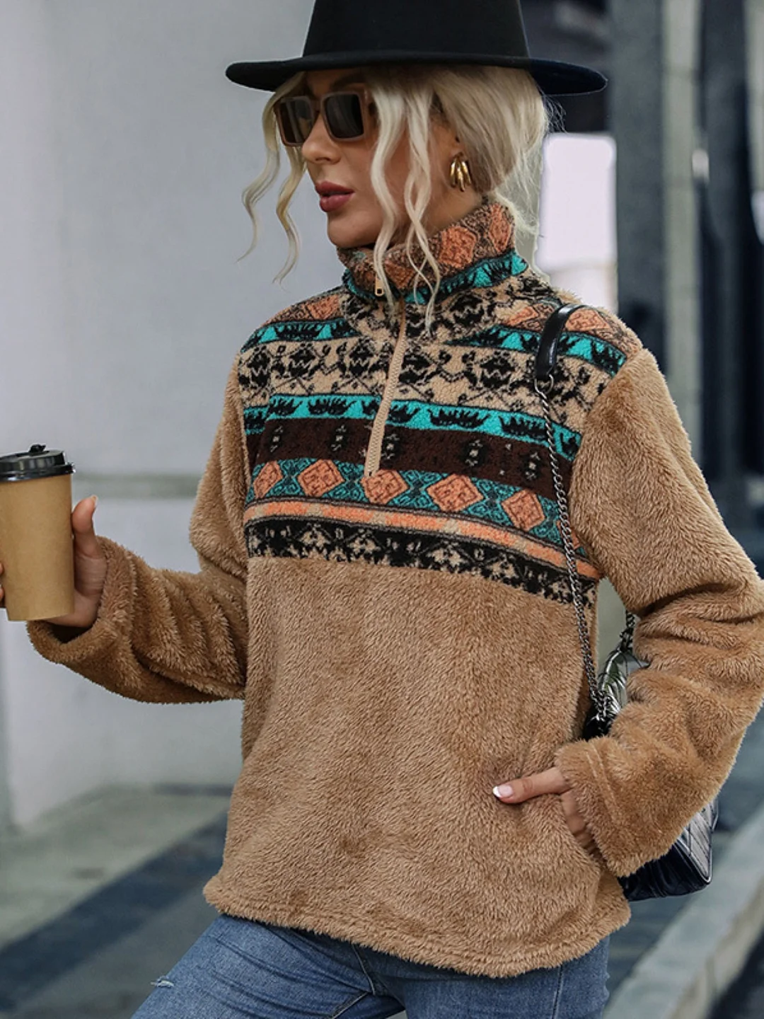 Women‘s Fuzzy Sherpa Western Coat - Half-Zip Jacket with Brown/Black/Teal Accents, Soft Fleece-Lined Winter Outerwear for Everyday & Formal Events, All-Season Layering Essential Cold Weather Clothing, Ladies Winter Coats, Geometric Pattern Design