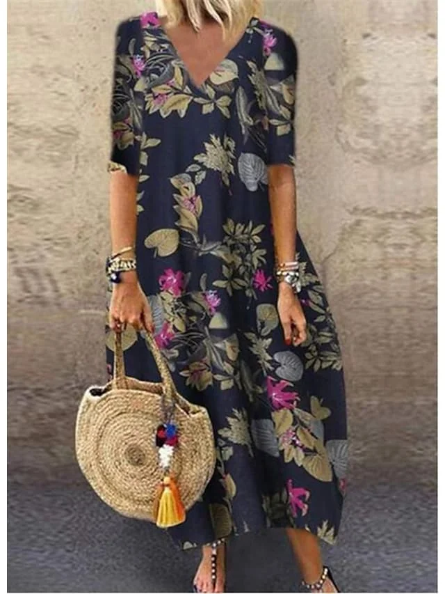 Women's Shift Dress Long Dress Maxi Dress Yellow Red Navy Blue Half Sleeve Floral Patchwork Fall Spring Autumn V Neck Loose Fit S M L XL XXL | IFYHOME