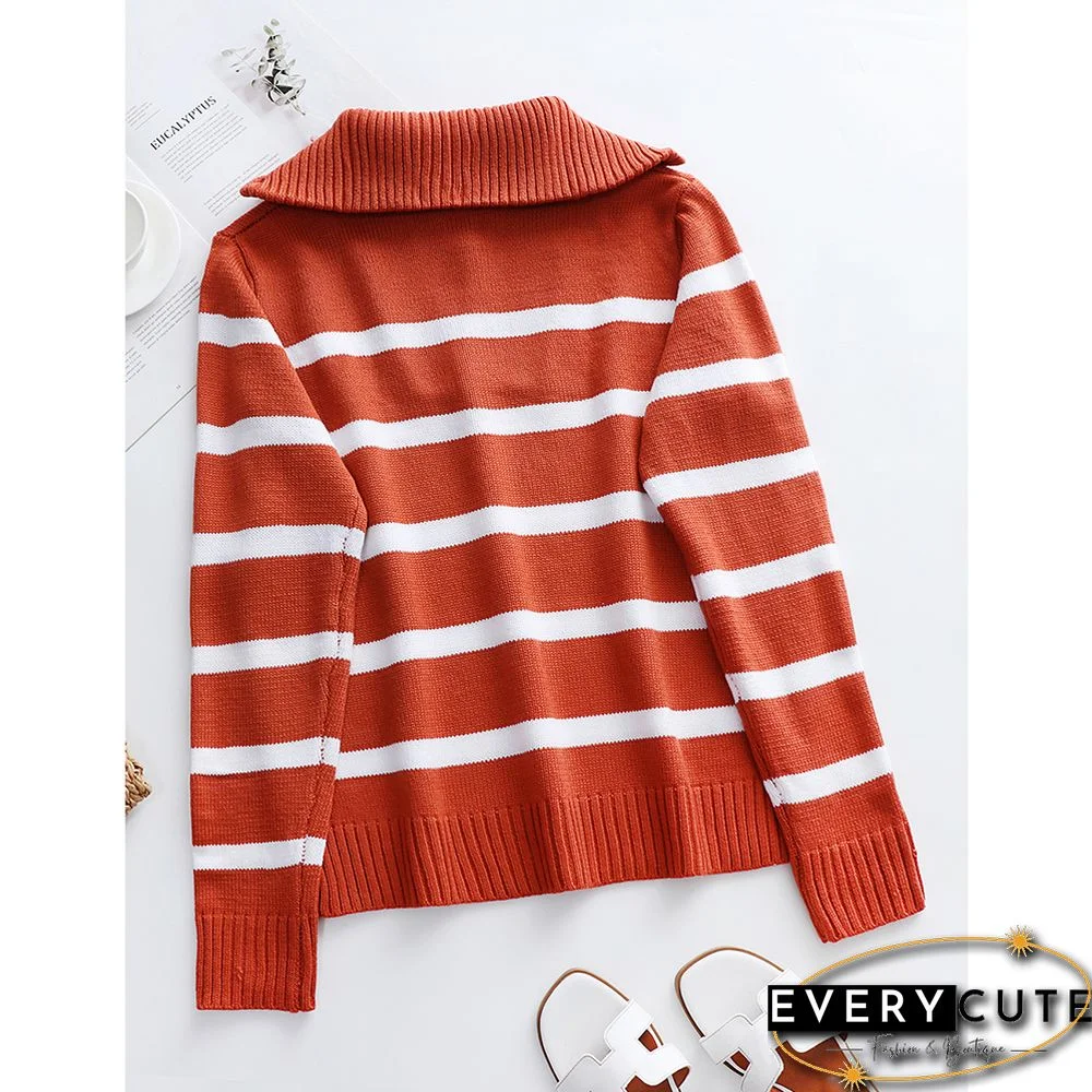 Rust Red Zip-up Stripe Print Knit Pullover Sweater