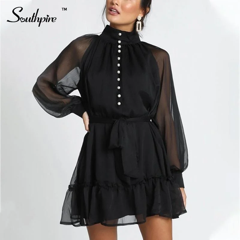 Back To College Southpire Women Turtleneck A Line Mini Dress Elegant Black Party dress Long Sleeve Button Ruffle Spring Summer Chiffon Dress
