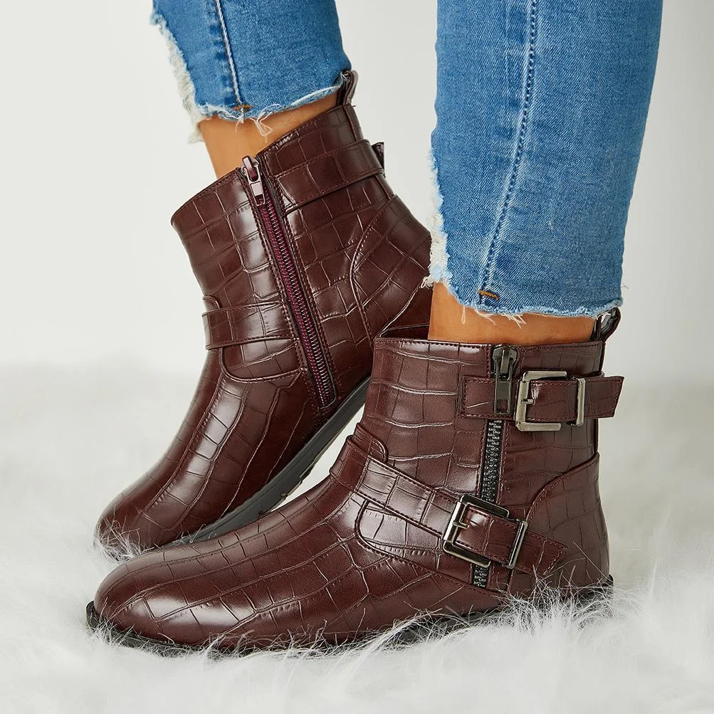 Women Trendy Bright Leather Zipper Buckle Ankle Boots