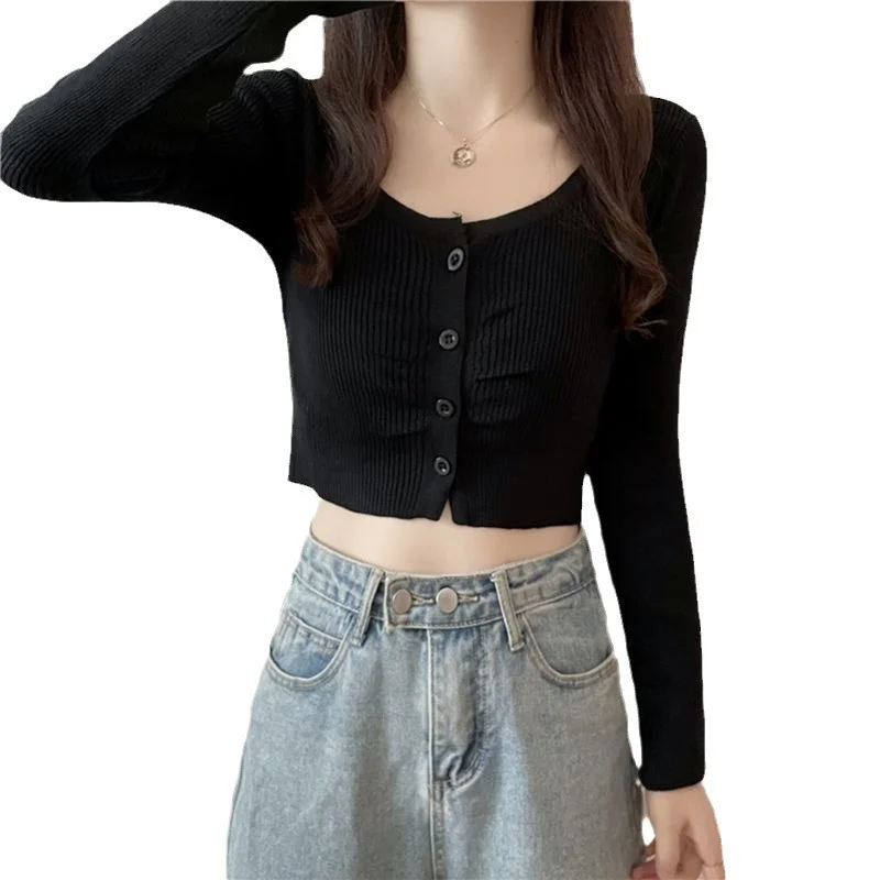 Uveng Uveng Hottie Long-Sleeved Knitted Cardigan Girl Spring Design Slim Short Umbilly Bottom Shirt Top