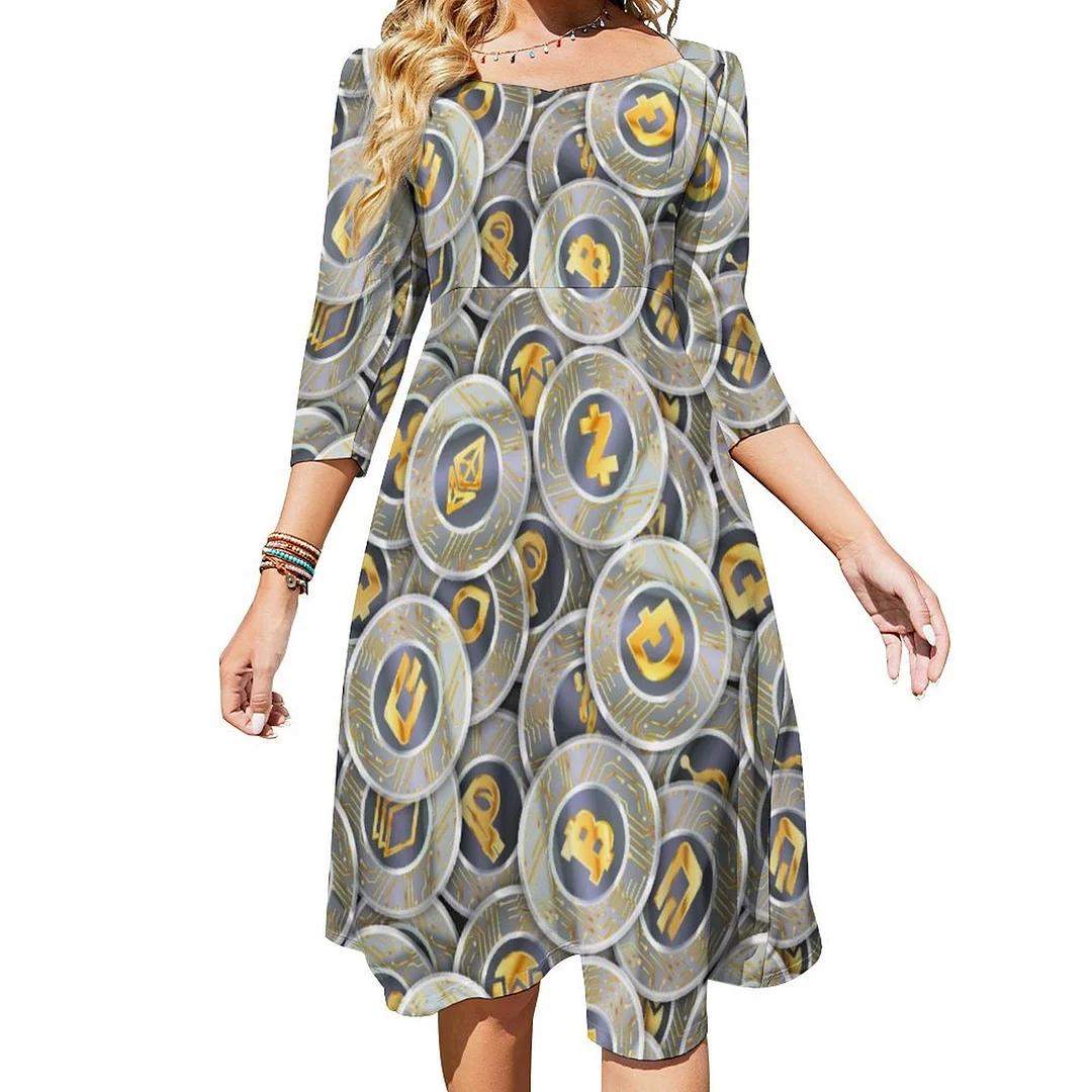 Cryptocurrency Modern Grey Gold Coin Pattern Dress Sweetheart Tie Back Flared 3/4 Sleeve Midi Dresses