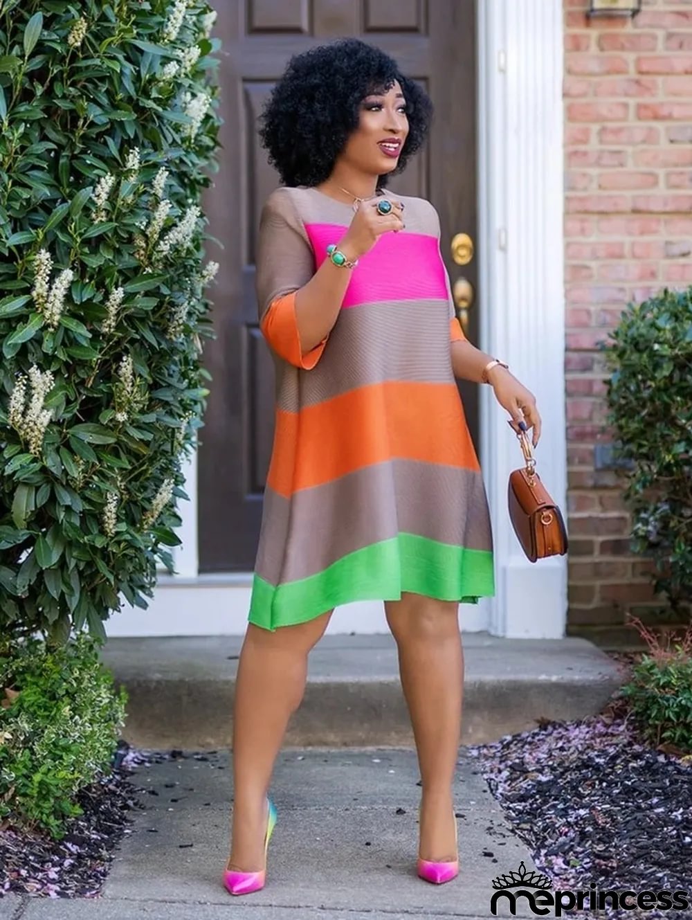 Casual Striped 3/4 Sleeve A-line Dress