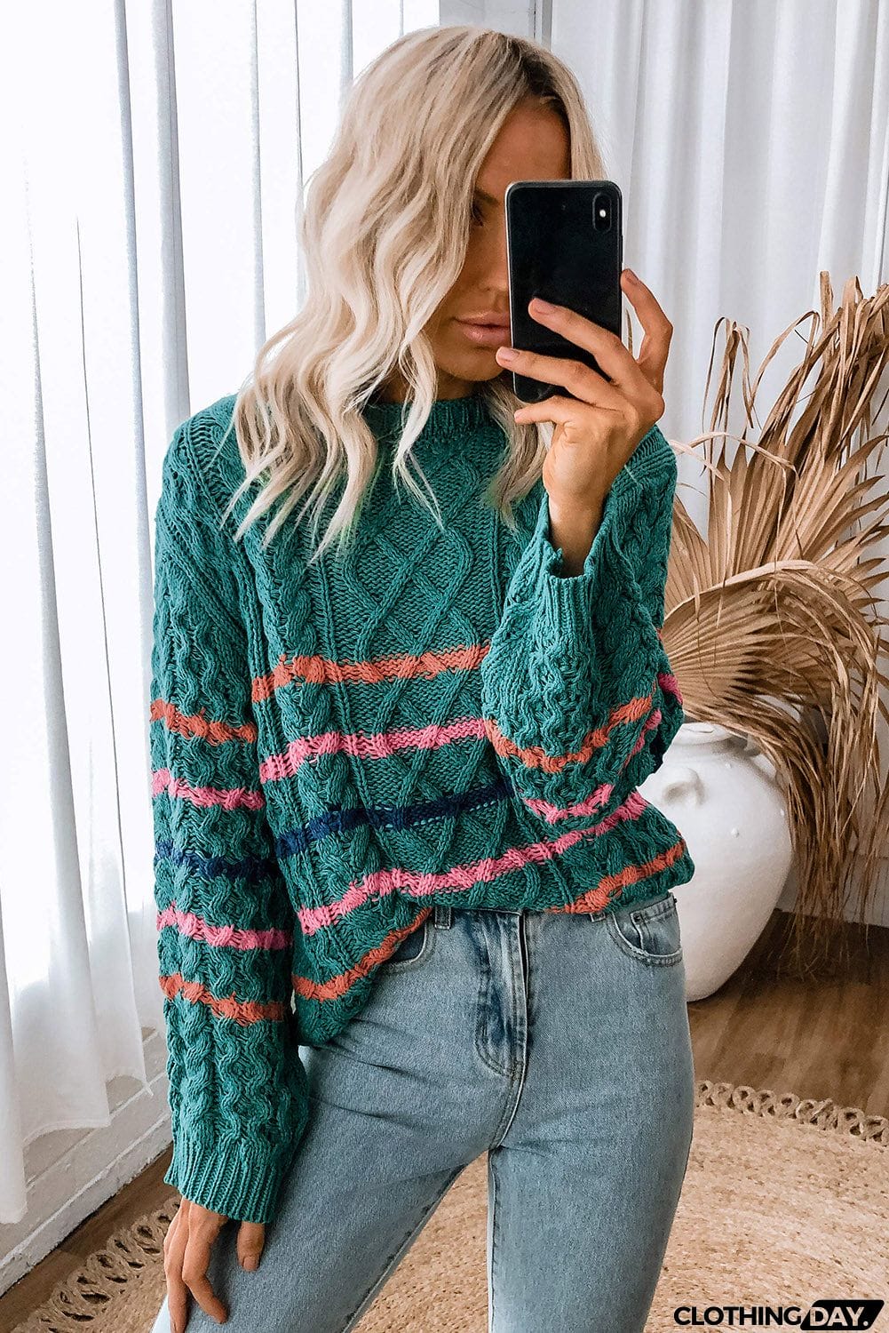 Striped Color Block Textured Knit Pullover Sweater
