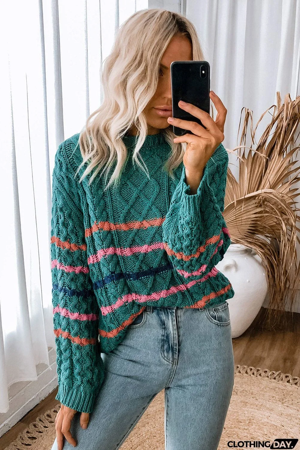 Striped Color Block Textured Knit Pullover Sweater
