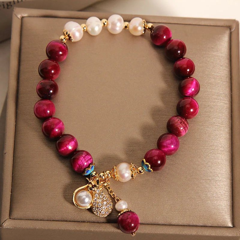 Natural Tiger Eye Stone Pearl Money Bag Wealth Lucky Bracelet