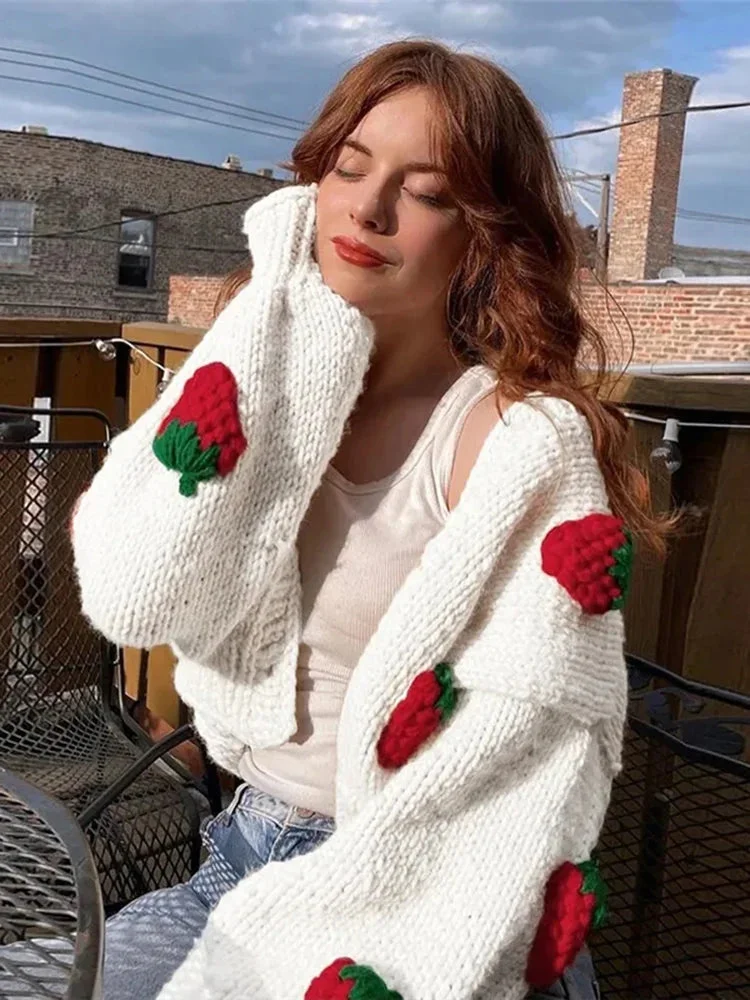 Oocharger Fashion 3D Strawberry Women Cardigan Sweater White Spring Loose American Style Female Knitted Coat Casual Ladies Jacket