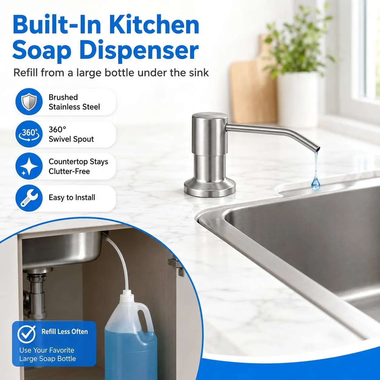 Kitchen sink dispenser suitable for dish soap hand soap and pourable liquid detergents
