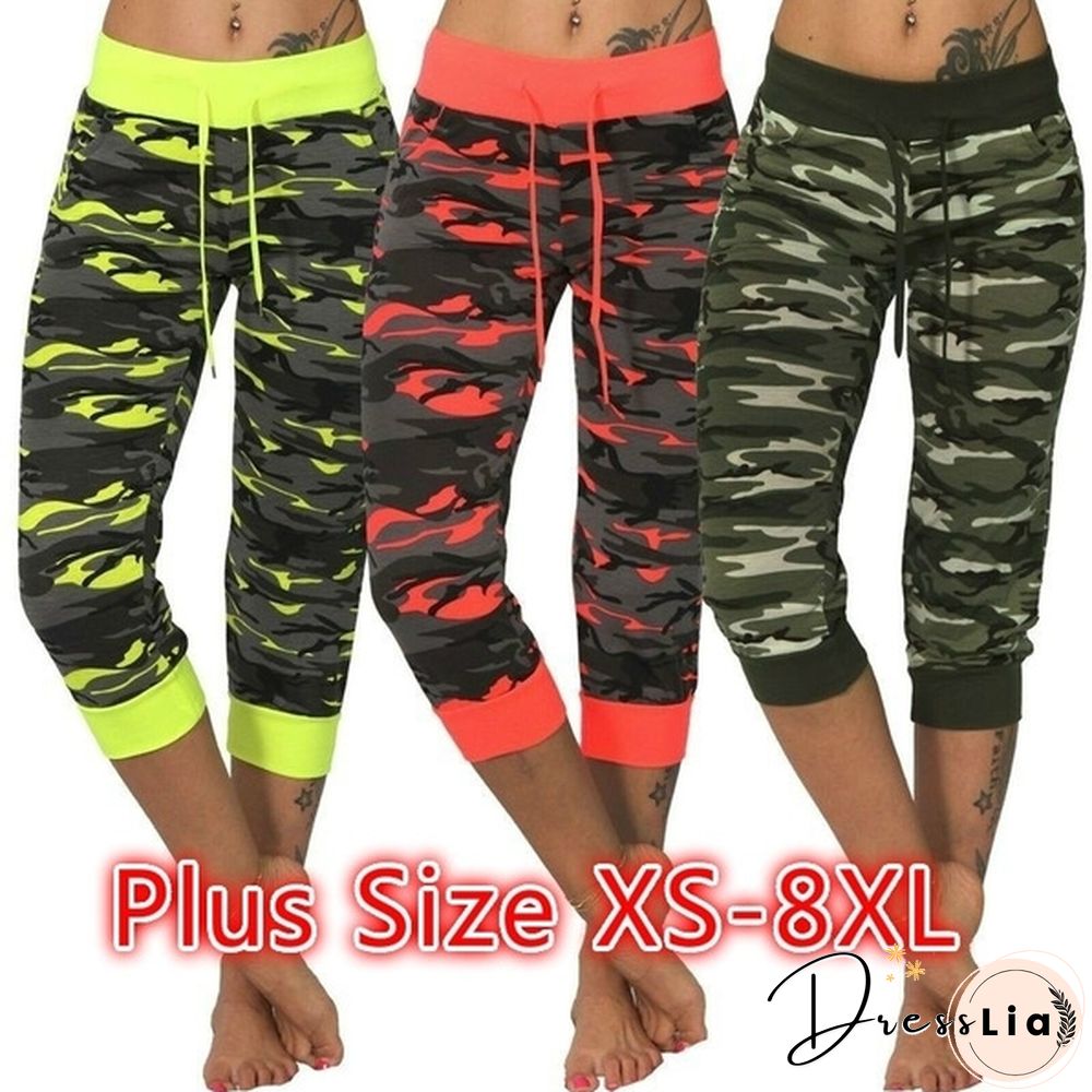 Womens 3/4 Lightweight Jogging Capri Pants Camouflage Sport Fitness Pants Trousers