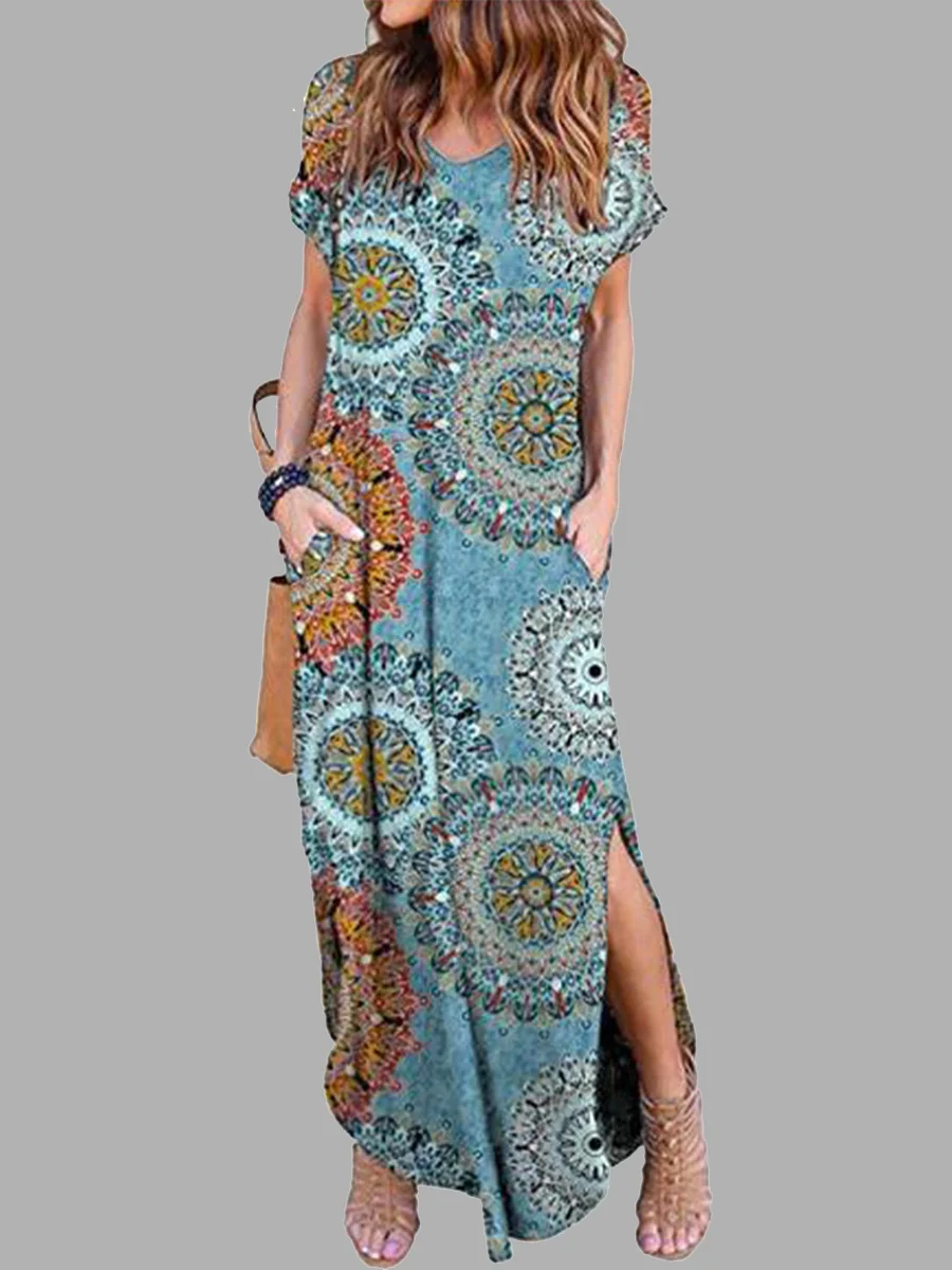 Casual Loose Floral V-Neck Short Sleeve Printed Hem Maxi Dress