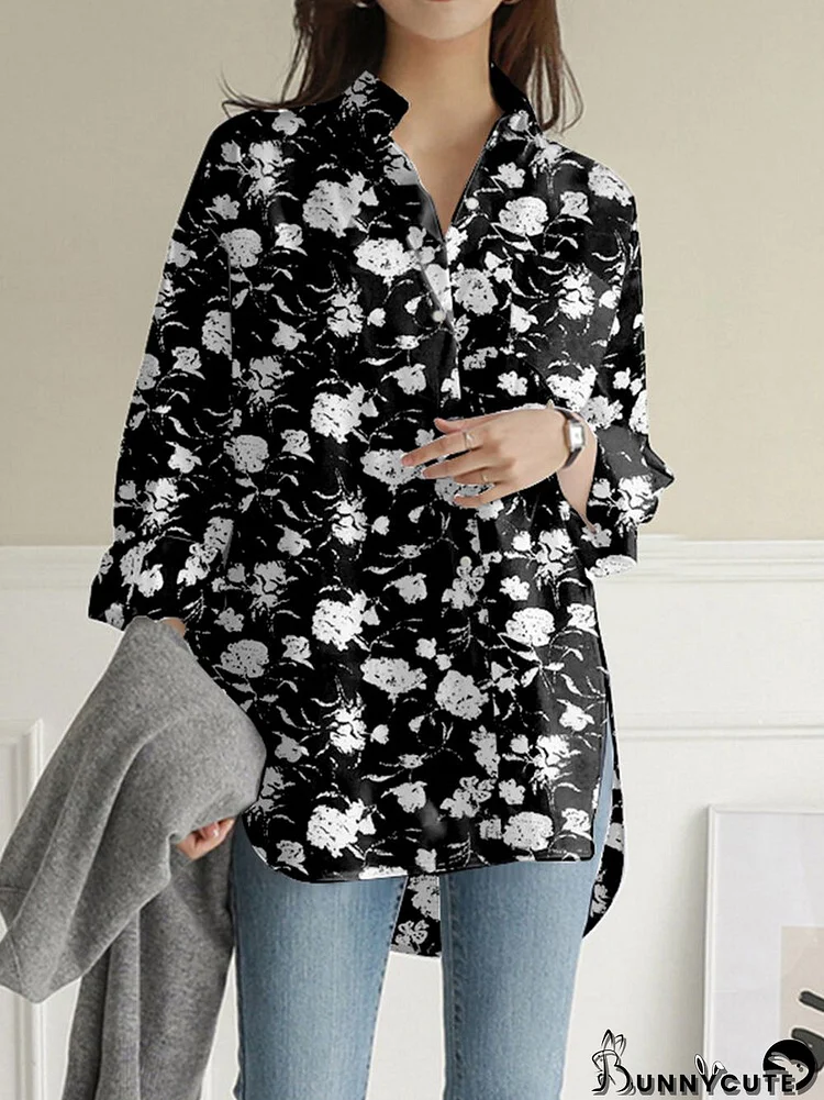 Women Allover Rose Print Lapel High-Low Hem Long Sleeve Shirt