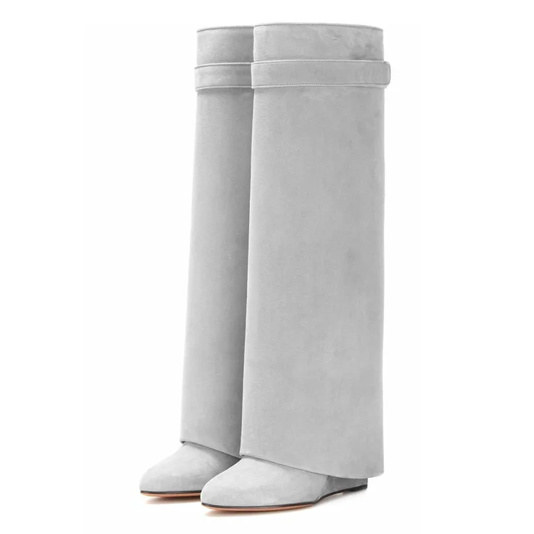 Grey Long Shark Boots Back Suede Lace up Buckle Knee-high Boots |FSJ Shoes