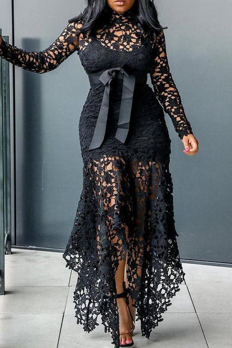 Xpluswear Plus Size Formal Sheer Maxi Dresses Long Sleeve Lace