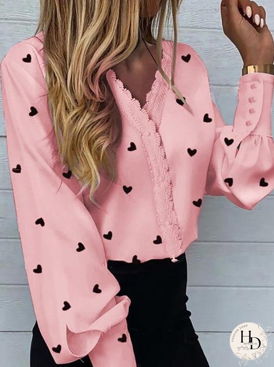 Blouses Love Print Lantern Long Sleeve Blouses for Women