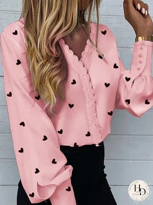 Blouses Love Print Lantern Long Sleeve Blouses for Women