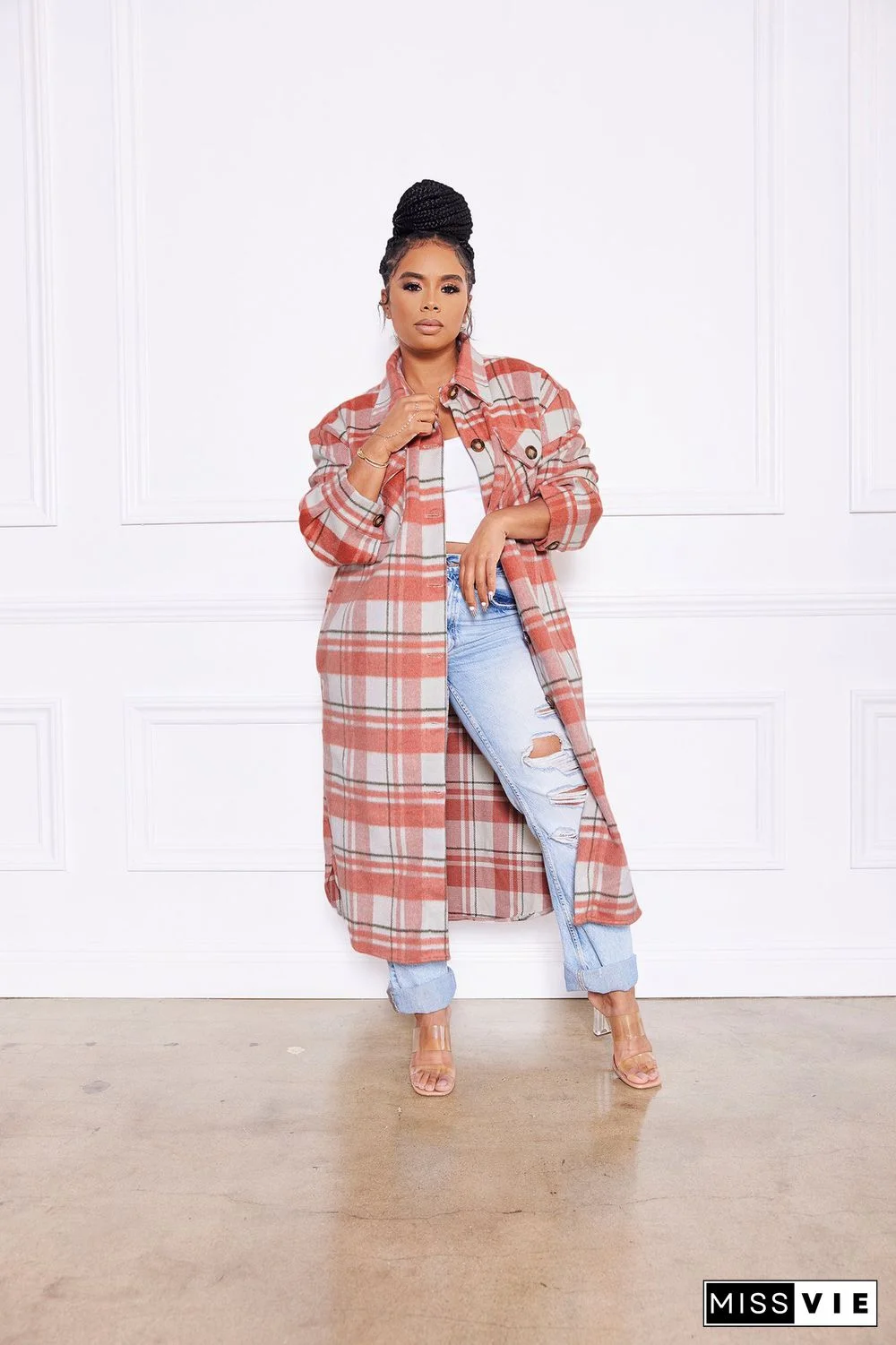 Classic Check Single-breasted Long Woolen Coat