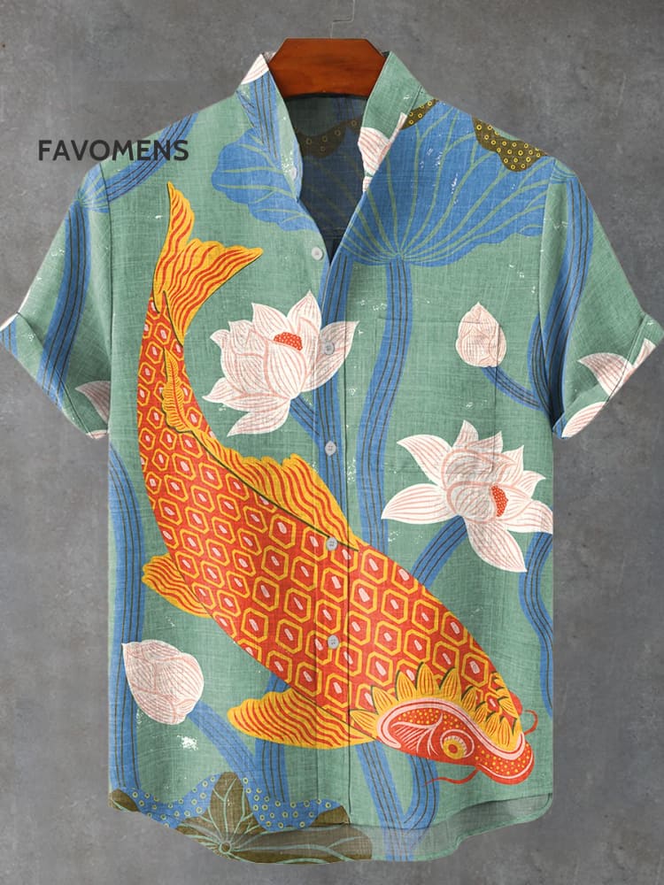 Vintage Koi Art Print Casual 100% Cotton Shirt Multicolor / S