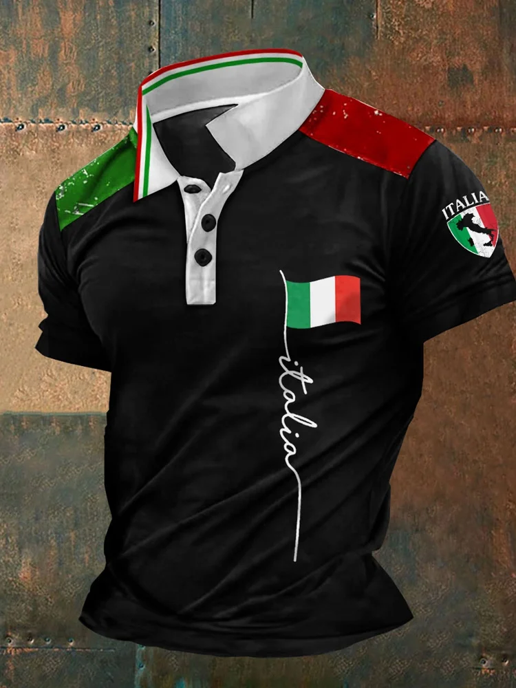 Polo casual da uomo con stampa della bandiera italiana