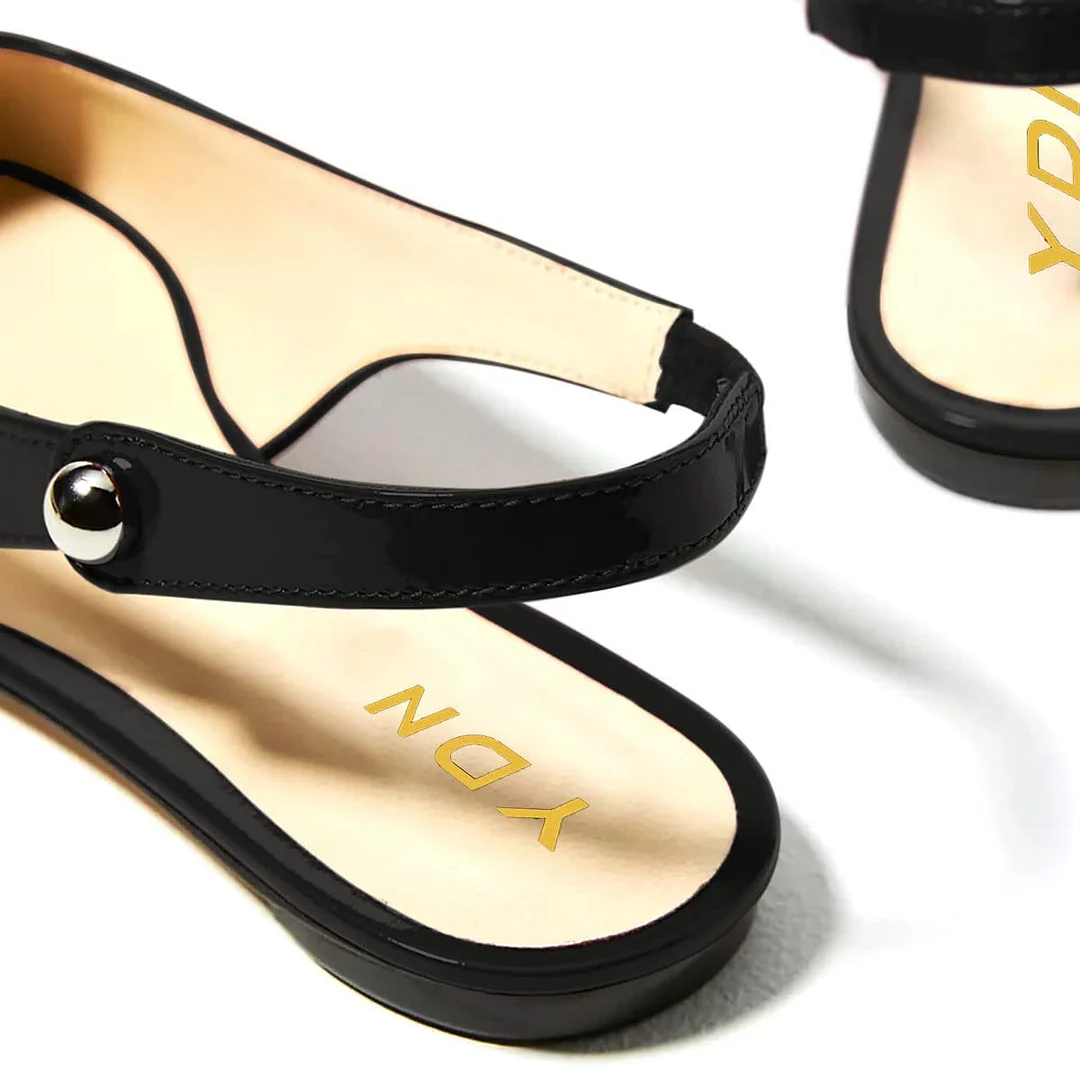 Patent Leather Pointed Toe Slingback Strappy Flat Pumps in Black