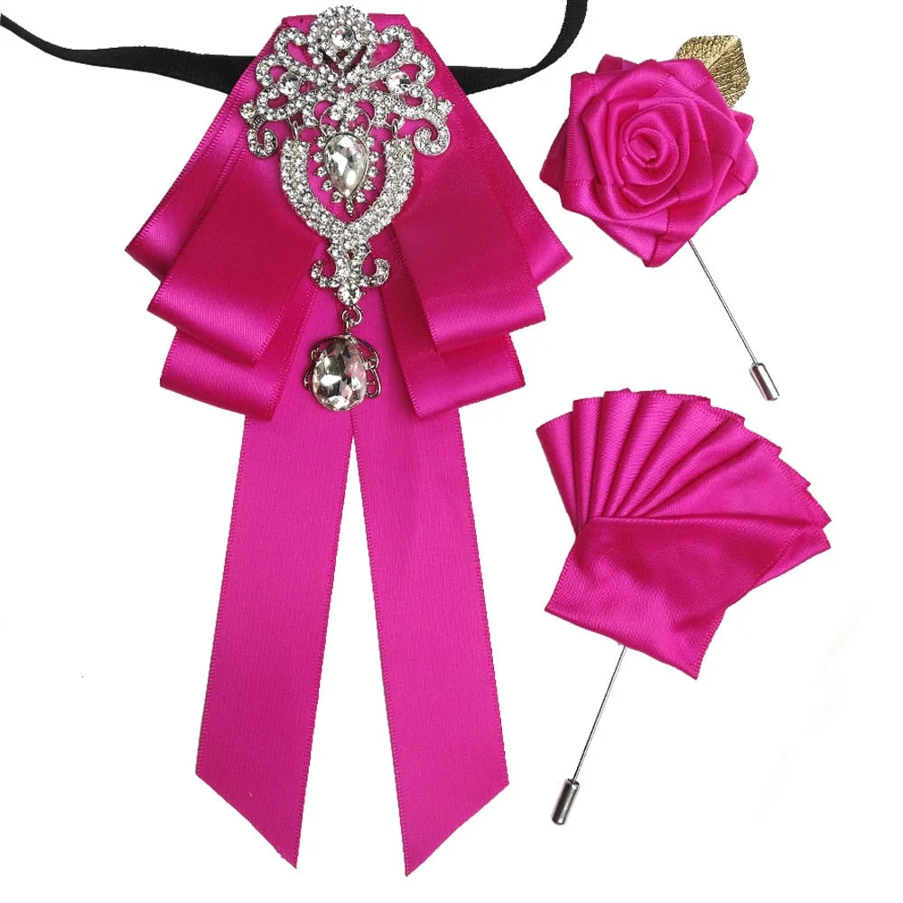 High-quality Fashion Handmade Red Diamond Bow Tie Wedding Collar Bowtie Brooch Pocket Towel Square Set Gifts for Men Accessories