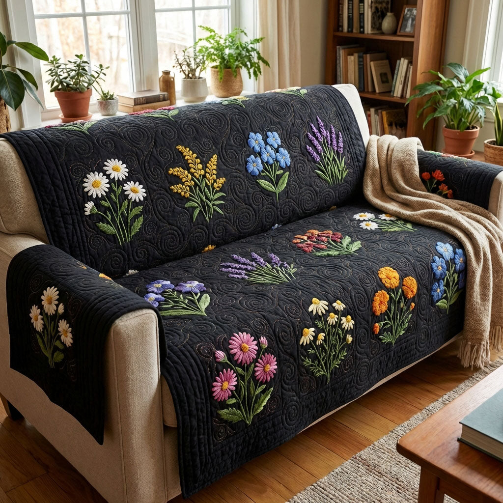 Midnight Flower Field Quilted Sofa Cover NCU0TV1549 everthome