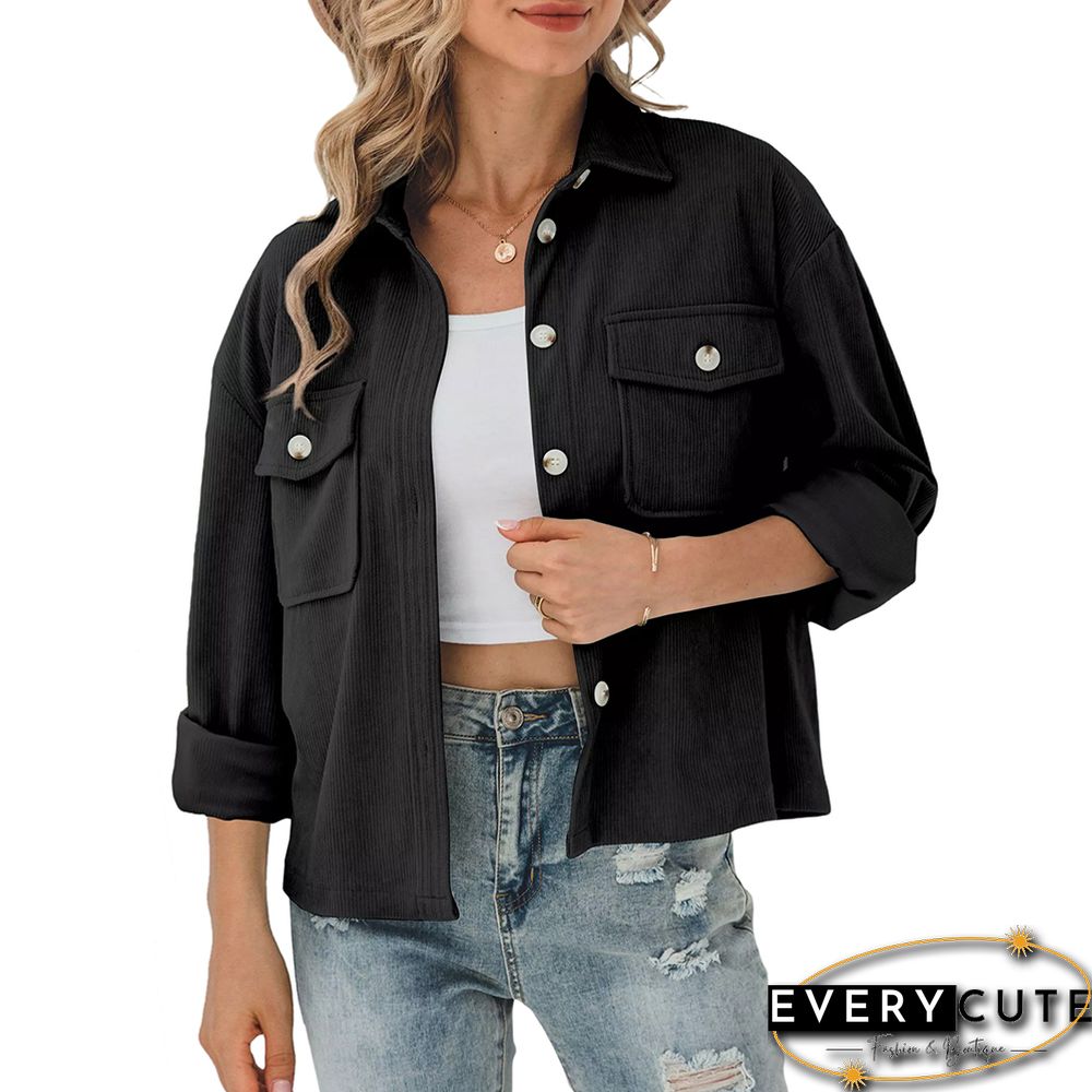 Black Corduroy Cropped Jacket with Pocket