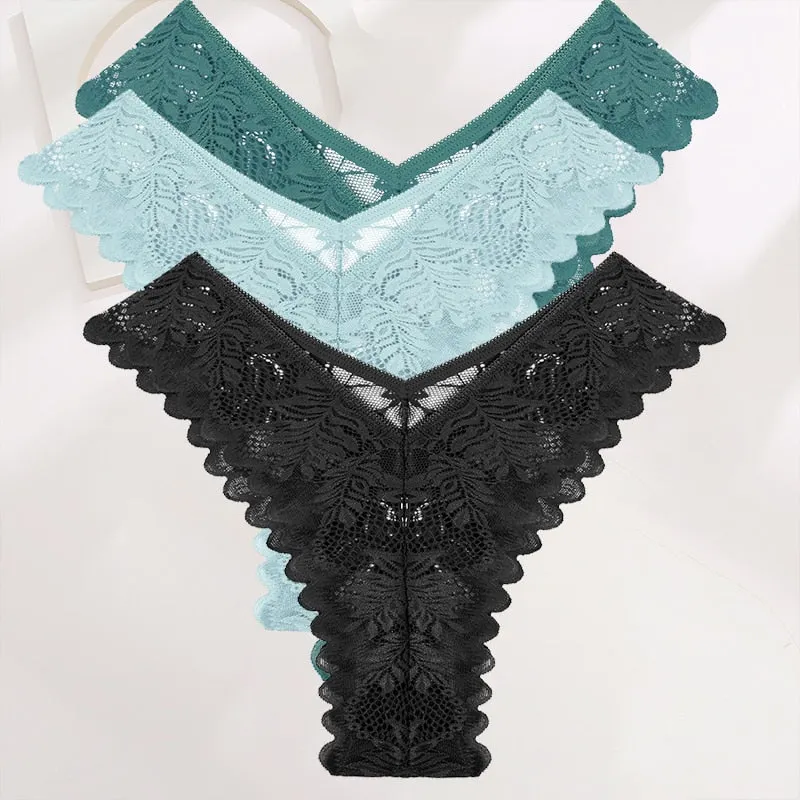 FINETOO 3PCS/Set Lace Gstring Panties Women Sexy M-XL Girls Thongs Perspective Temptation New Pantys Underwear Female Intimates