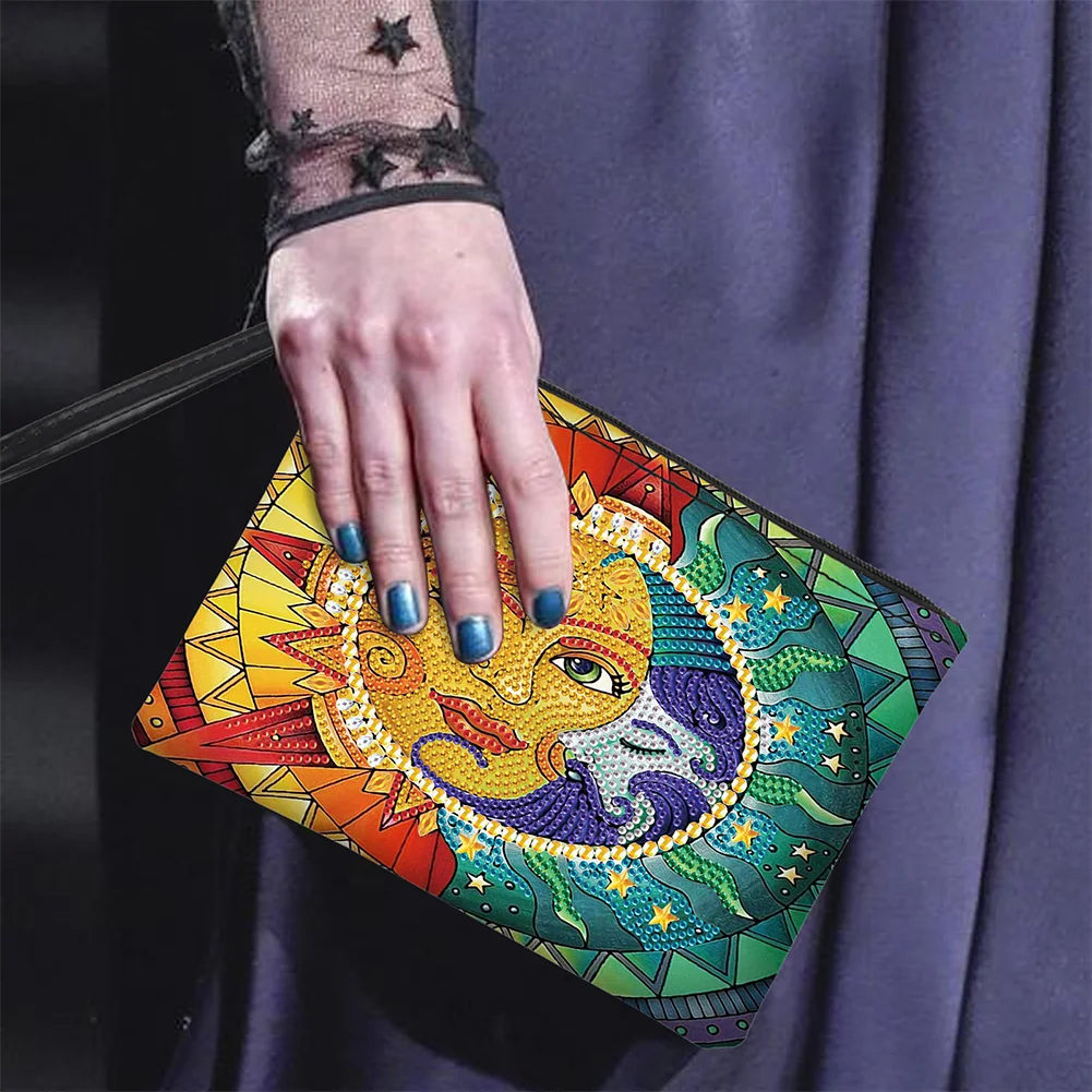 DIY Sun Moon PU Partial Special Shaped Diamond Painting Wallet Makeup Bag