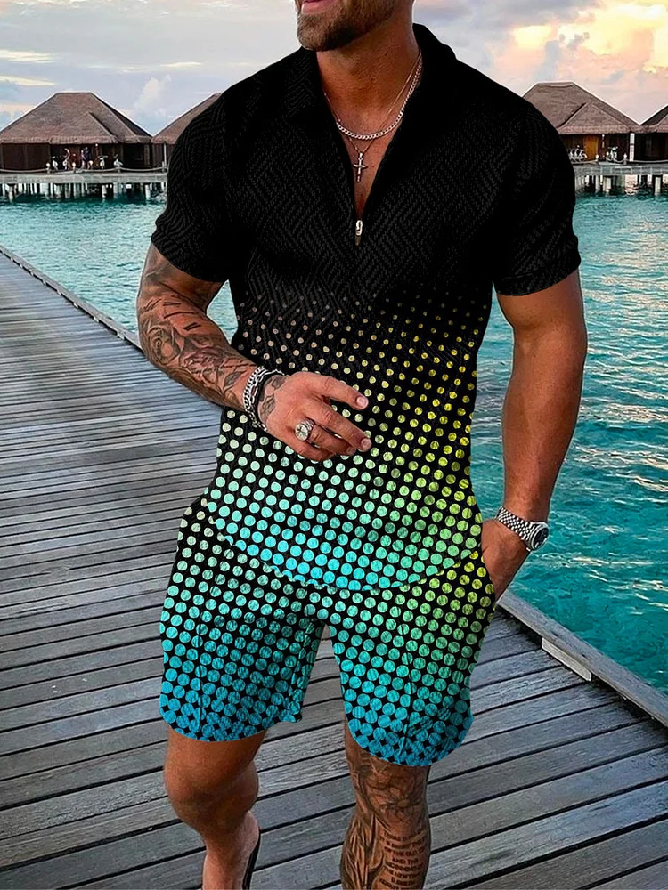 Men's Fashion Printed  Zip Polo Shirt and Shorts Two-Piece Suits