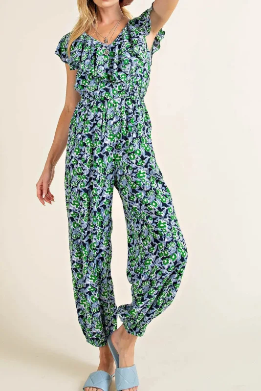 Short-sleeve ruffled retro floral jumpsuit