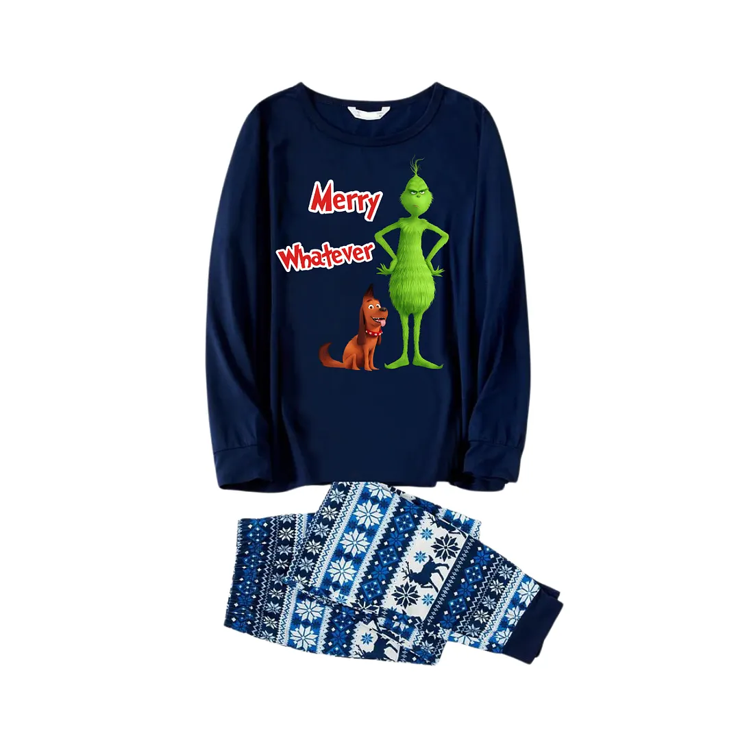 'Merry Whatever' Red Text With Green Cartoon Characters and Dog Pattern Blue Top Navy Blue Stripe Plaid Pants Family Matching Pajamas
