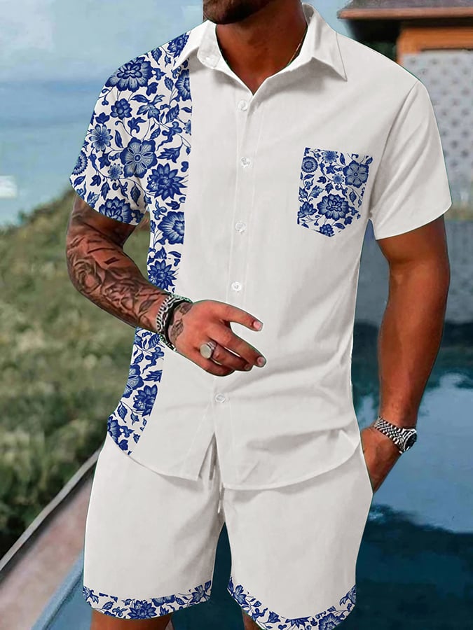 Casual Holiday Floral Contrast Color Men's Shirt Shorts Set
