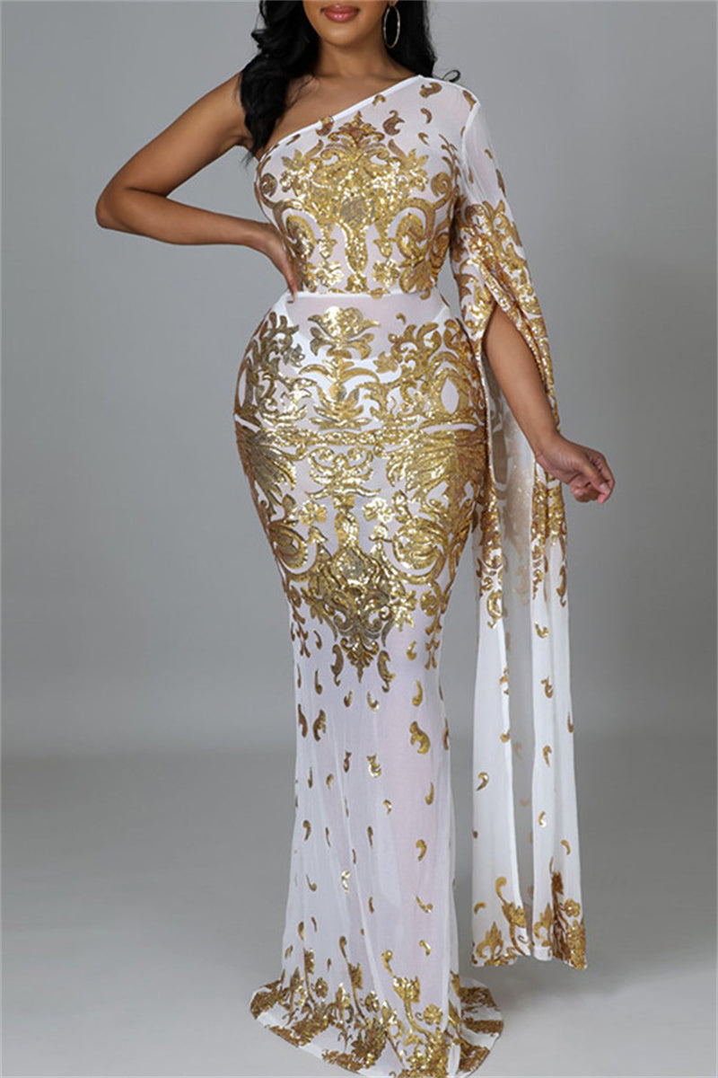 Sexy Patchwork Sequins Backless Slit Oblique Collar Evening Dress Dresses