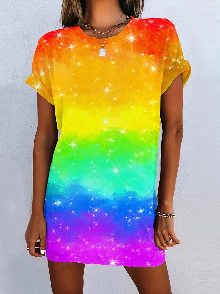 Women's Rainbow Gradient Art Design T-Shirt Dress