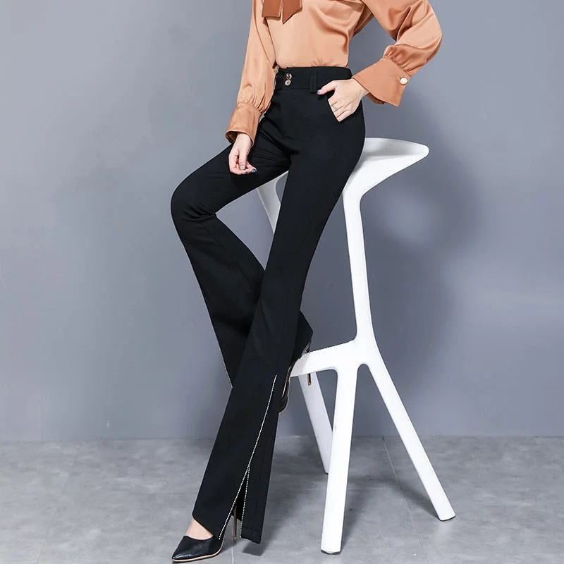 Zoki Elegant Women Flare Pants High Quality Elastic Korean Black Split Spring Lady Trousers Fashion High Waist Button Full Pants
