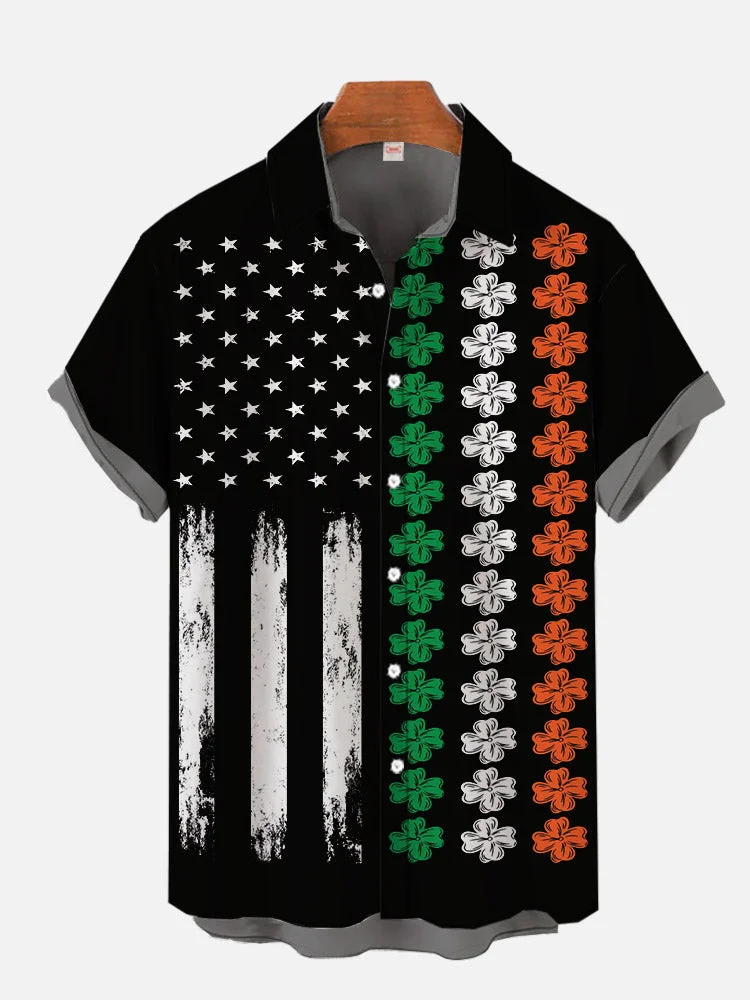 St. Patrick's Day Irish Lucky Clovers And American Flag Printing Men's Short Sleeve Shirt