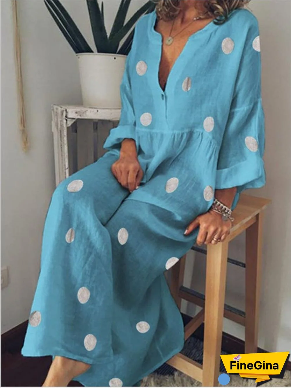 Deep V Neck Dot Printed Cotton And Linen Maxi Dress