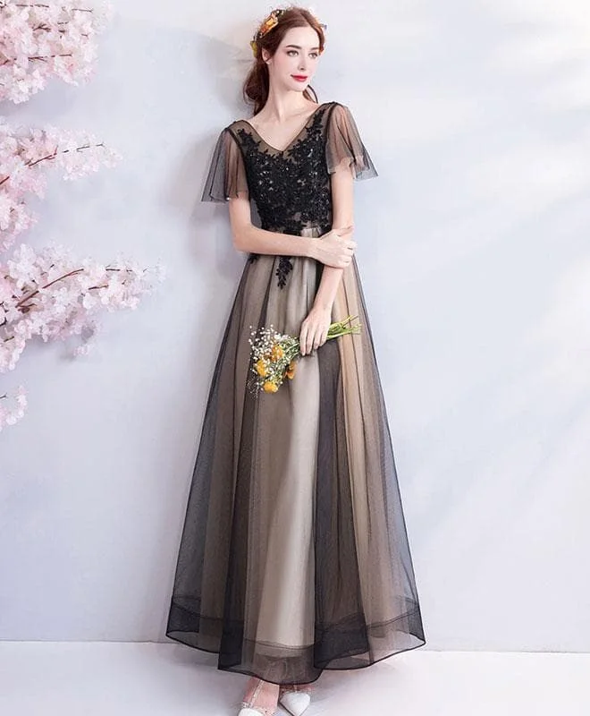 Black V Neck Lace Tulle Long Prom Dress, Black Evening Dress