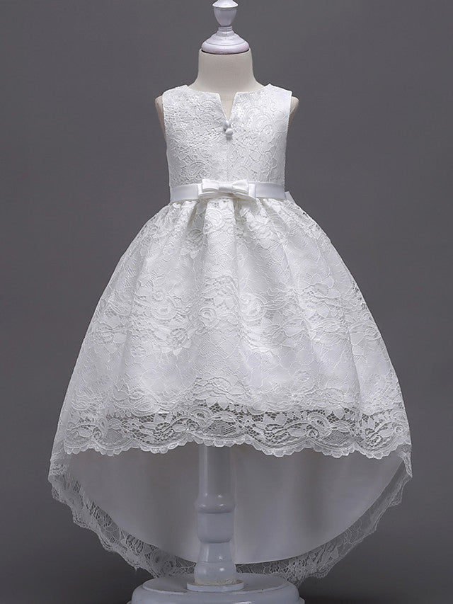 Oknass  Asymmetrical Sleeveless V Wire Flower Girl Dresses Lace  With Lace  Bow  Embroidery