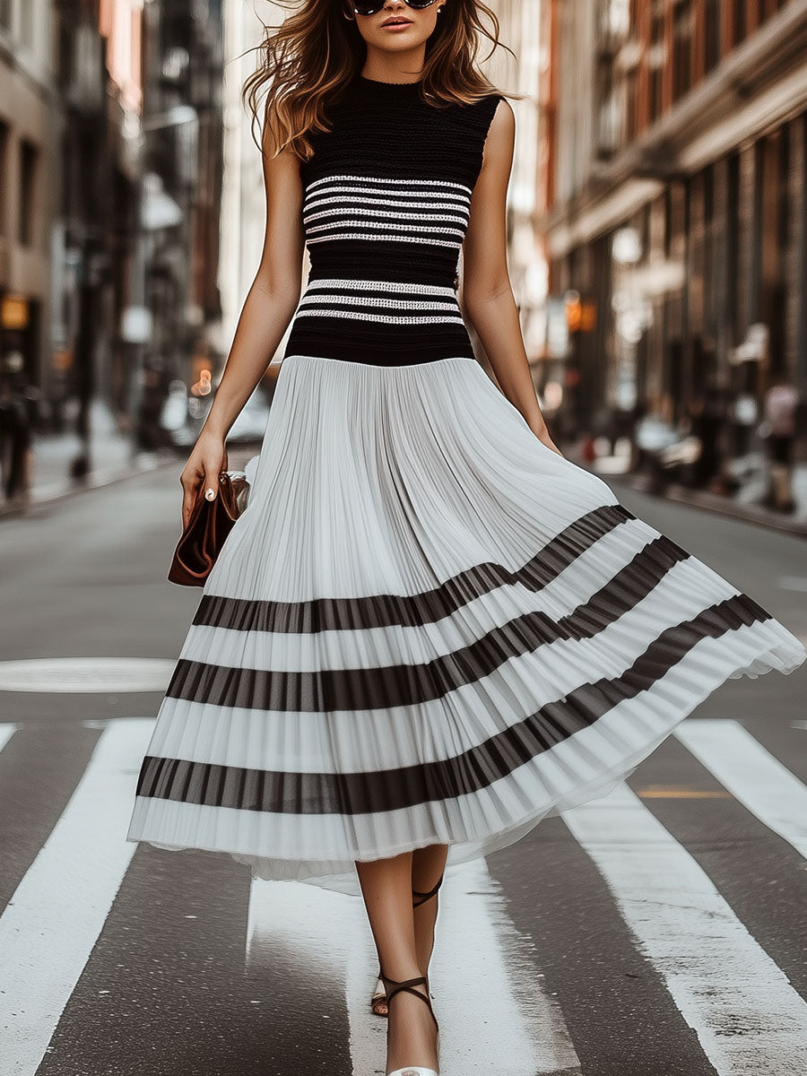 Elegant Knited Stripe Patchwork Chiffon Pleated Dress