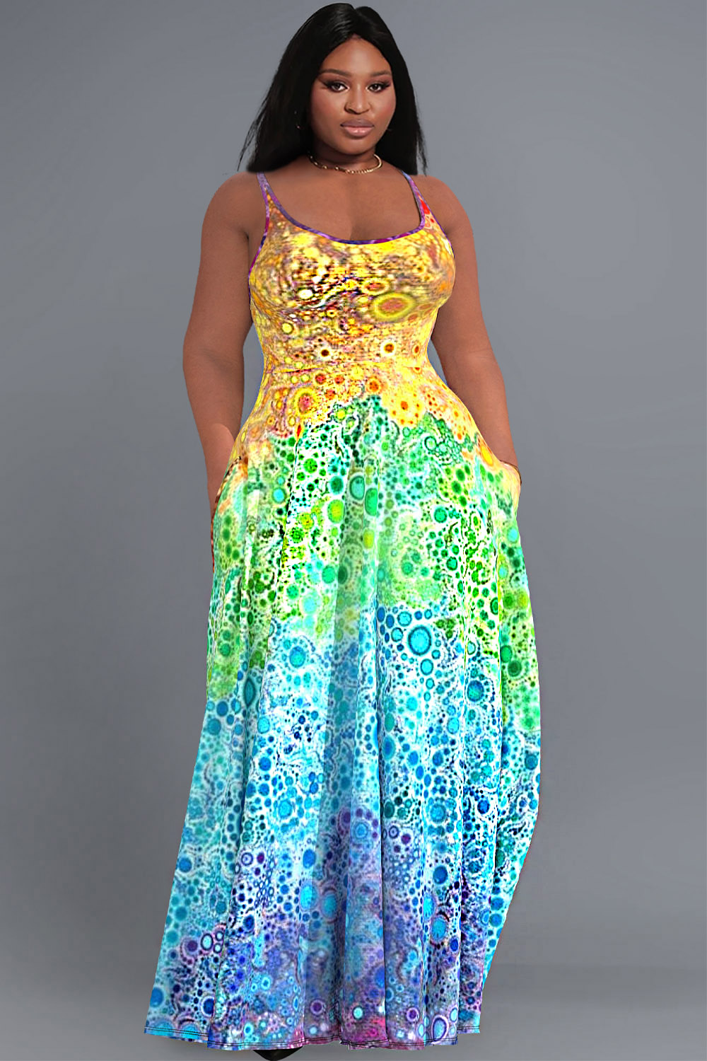 Design Plus Size Blue Casual Gradient Print With Pockets Maxi Dresses [Pre-Order]